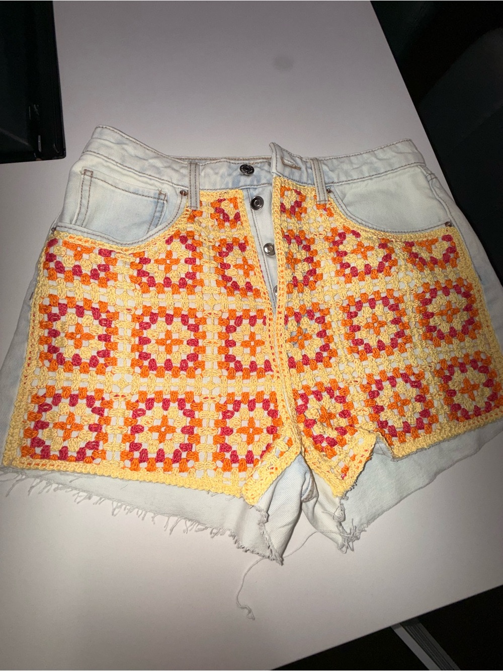 wild fable Light Denim Shorts with Yellow & Pink Crochet Panels